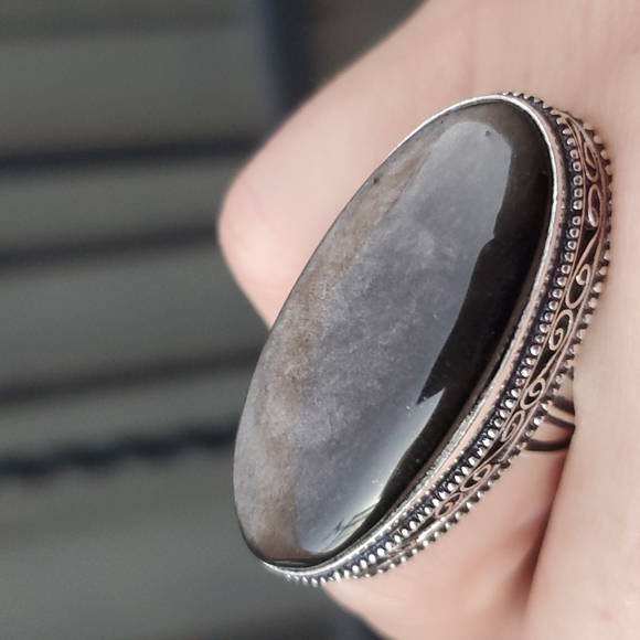New Silver Sheen Obsidian 925 Silver Statement Ring. - Picture 2 of 13